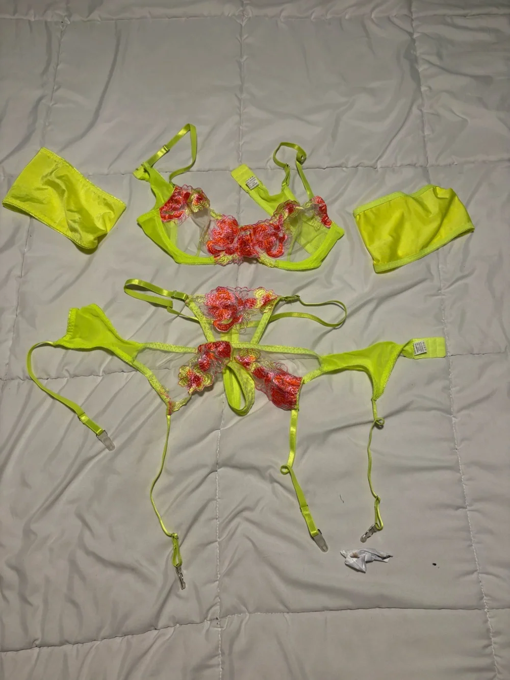 Sheer Floral Embroidered Bralette Set - Neon Yellow